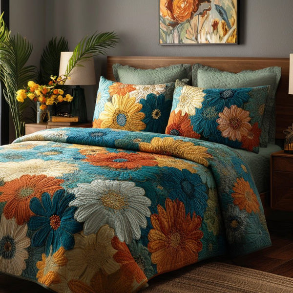 Teal Daisy Mosaic quilted 3-piece bedding set on a made bed with two matching pillow shams