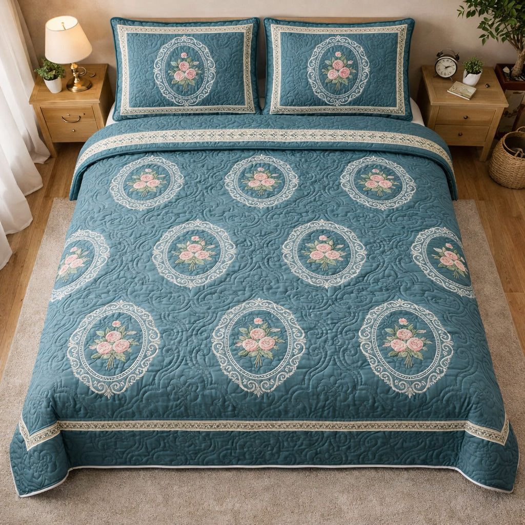 Teal Floral Medallion quilted 3-piece bedding set on a made bed with two matching pillow shams