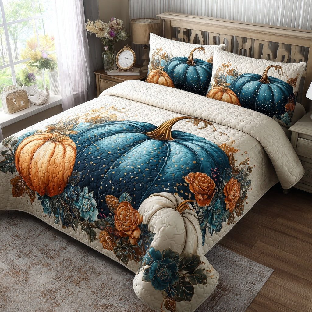 Teal Gourd quilted 3-piece bedding set on a made bed with two matching pillow shams