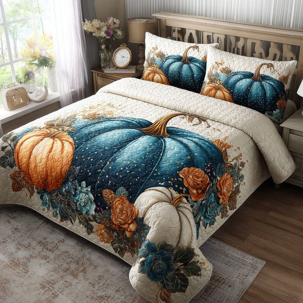 Teal Gourd quilted 3-piece bedding set on a made bed with two matching pillow shams