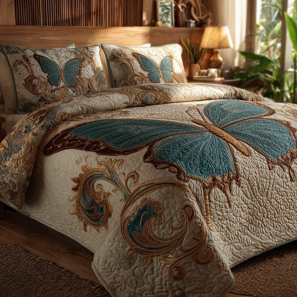 Teal Monarch quilted 3-piece bedding set on a made bed with two matching pillow shams