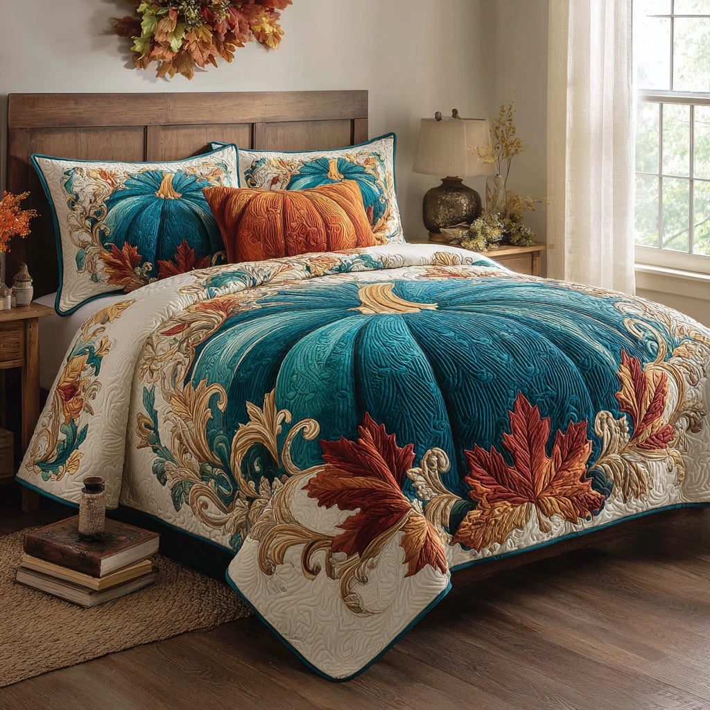 Teal Pumpkin quilted 3-piece bedding set on a made bed against a dark styled interior