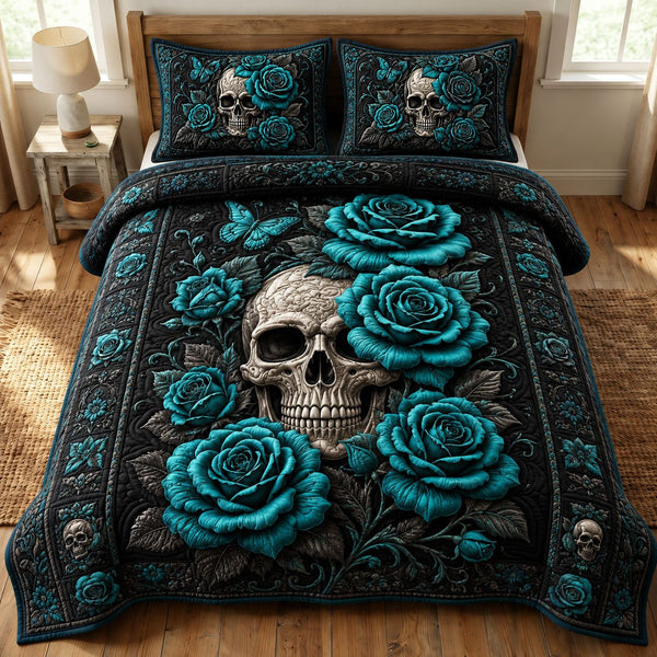 Teal Rose Requiem quilted 3-piece bedding set on a made bed with two matching pillow shams