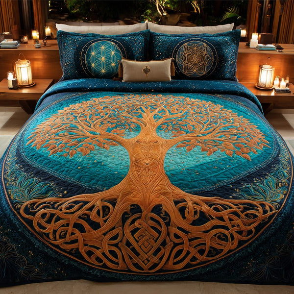 Teal Sanctuary quilted 3-piece bedding set on a made bed with two matching pillow shams