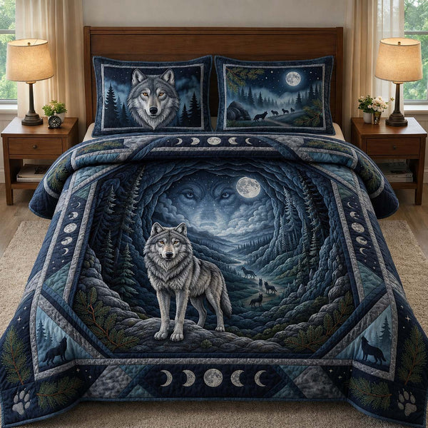Teal Wolf quilted 3-piece bedding set on a made bed with two matching pillow shams