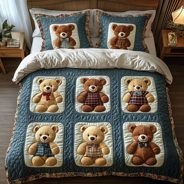 Teddies Haven quilted 3-piece bedding set on a made bed with two matching pillow shams