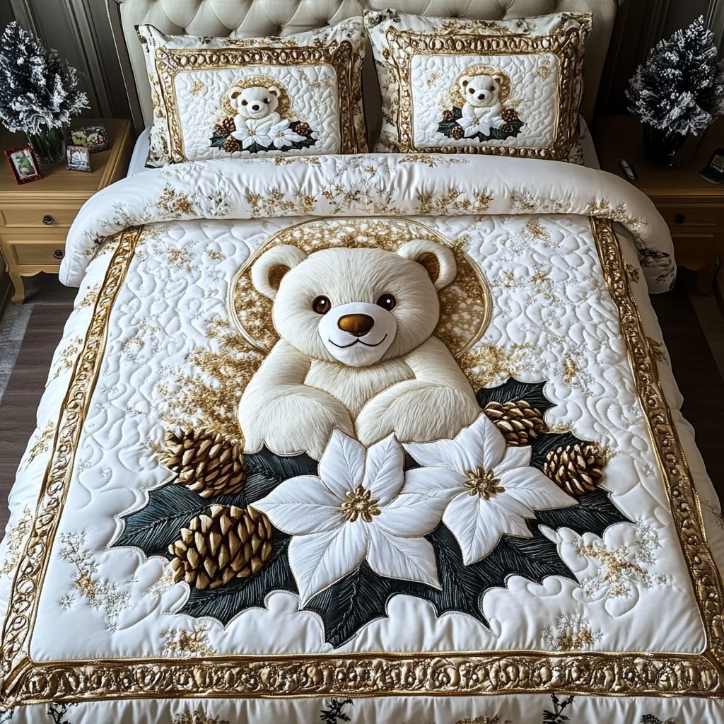 Teddy Haven quilted 3-piece bedding set on a made bed with two matching pillow shams
