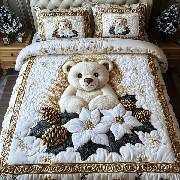 Teddy Haven quilted 3-piece bedding set on a made bed with two matching pillow shams
