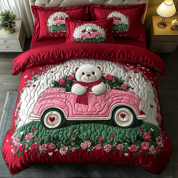 Teddy Love Charm quilted 3-piece bedding set on a made bed with two matching pillow shams