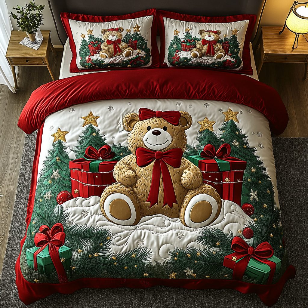 Teddy Winter Wonderland quilted 3-piece bedding set on a made bed in a winter-styled bedroom