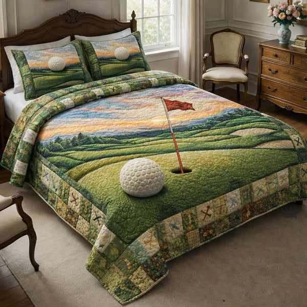 Tee Time quilted 3-piece bedding set on a made bed with two matching pillow shams