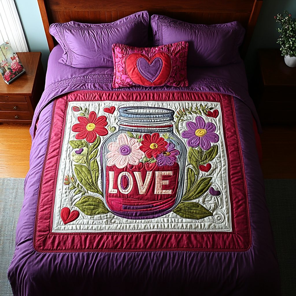 Tender Hearts quilted 3-piece bedding set on a made bed with two matching pillow shams