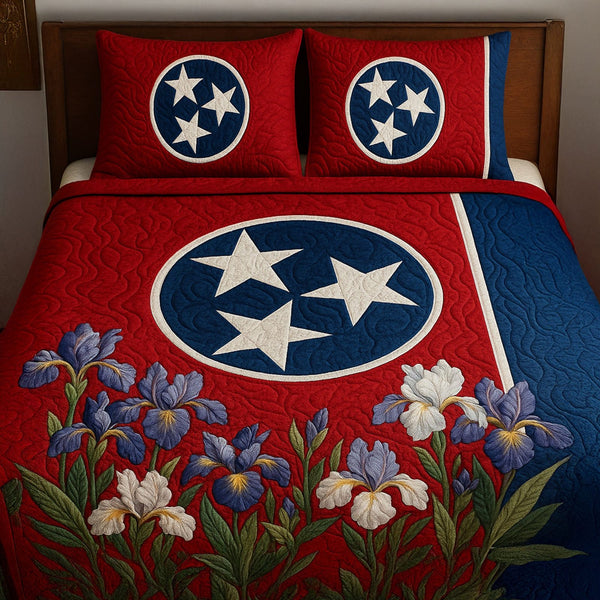 Tennessee Blossom quilted 3-piece bedding set on a made bed with two matching pillow shams