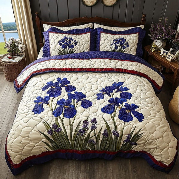 Tennessee Iris Serenity quilted 3-piece bedding set on a made bed with two matching pillow shams