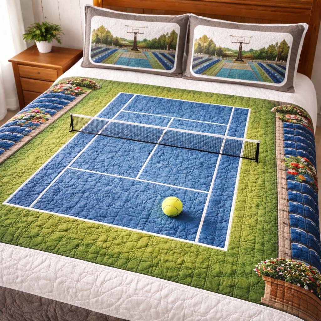 Tennis Court quilted 3-piece bedding set on a made bed with two matching pillow shams