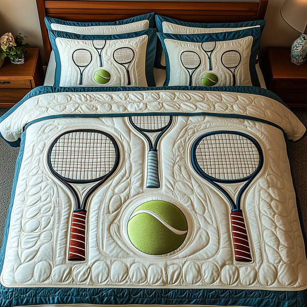 Tennis Time quilted 3-piece bedding set on a made bed with two matching pillow shams