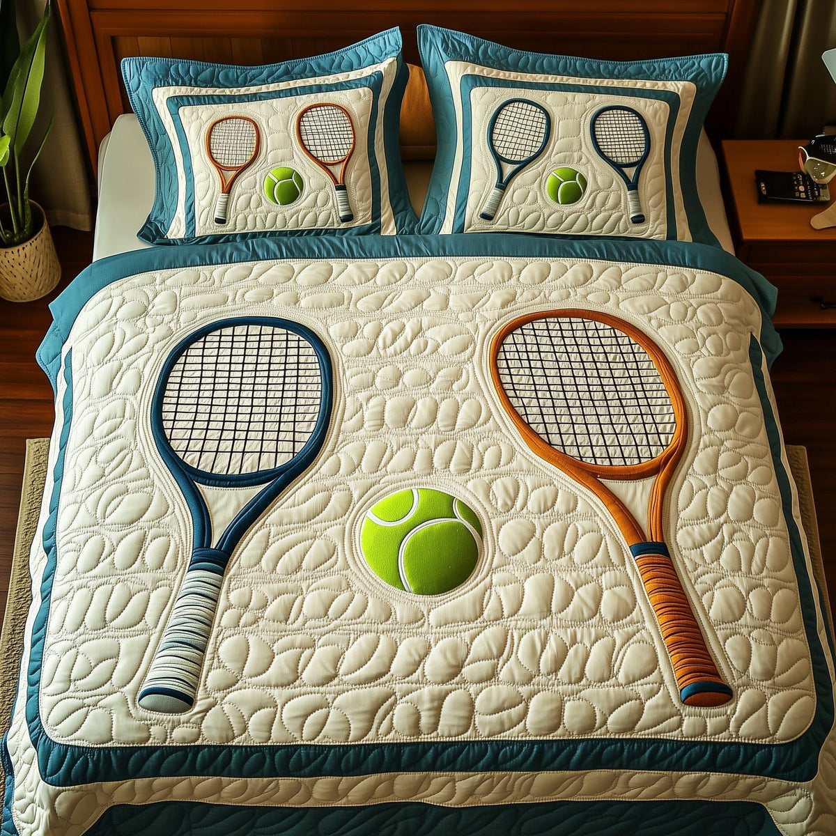 Tennis Time quilted 3-piece bedding set on a made bed with two matching pillow shams