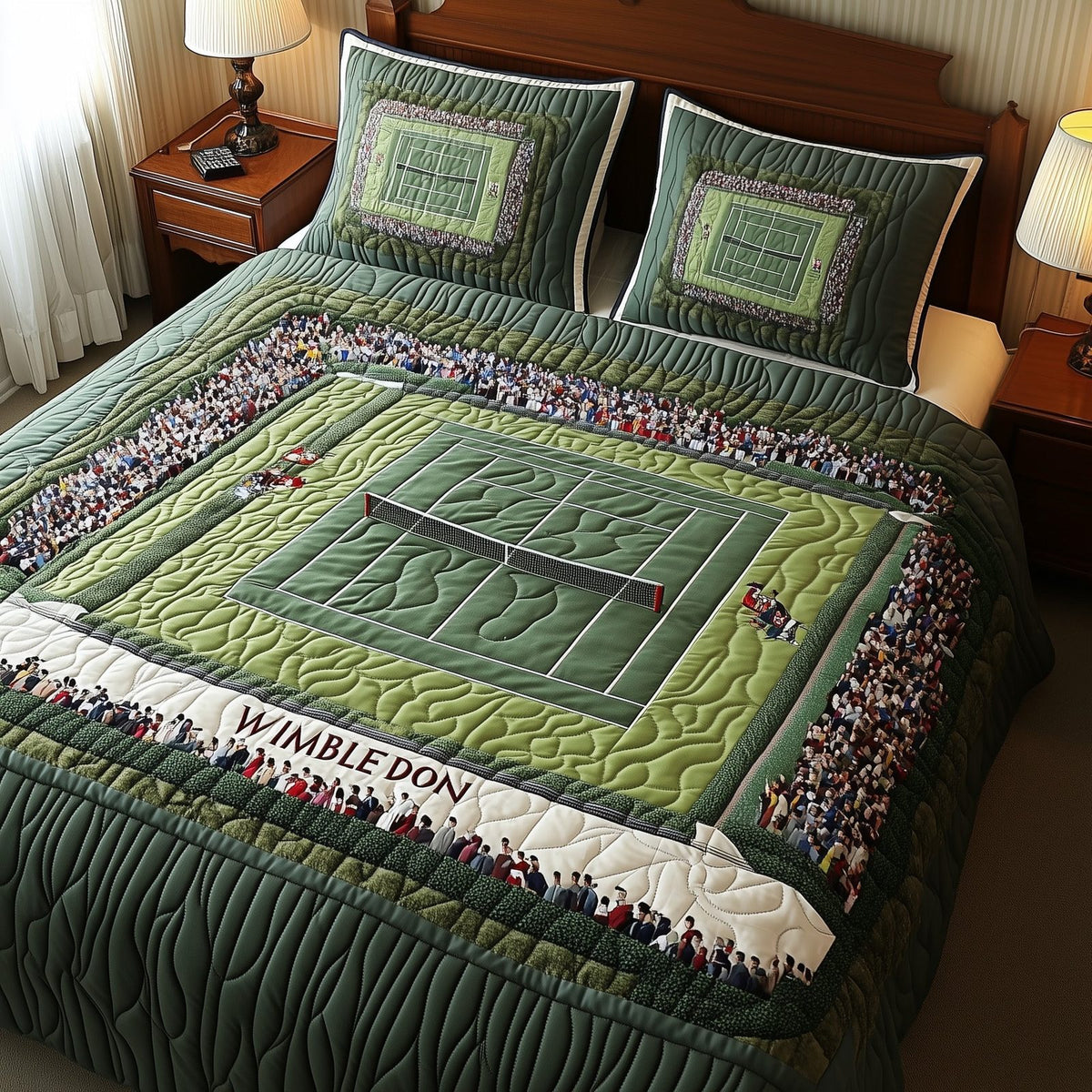 Tennis Time quilted 3-piece bedding set on a made bed with two matching pillow shams