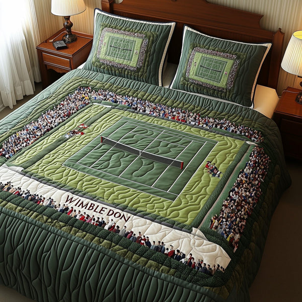 Tennis Time quilted 3-piece bedding set on a made bed with two matching pillow shams