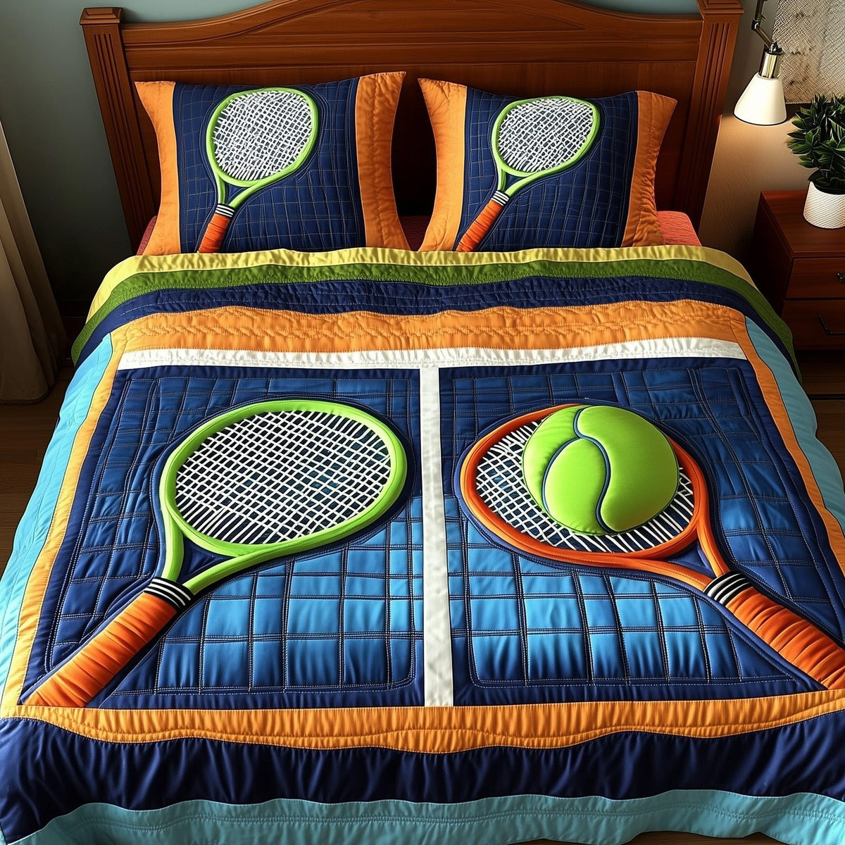 Tennis Time quilted 3-piece bedding set on a made bed with two matching pillow shams