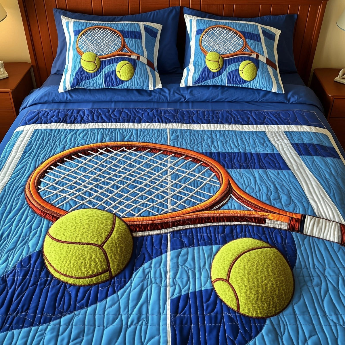 Tennis Time quilted 3-piece bedding set on a made bed with two matching pillow shams