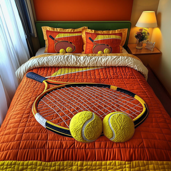 Tennis Time quilted 3-piece bedding set on a made bed with two matching pillow shams