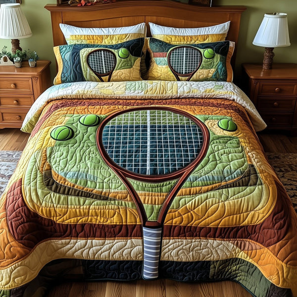 Tennis Time quilted 3-piece bedding set on a made bed with two matching pillow shams