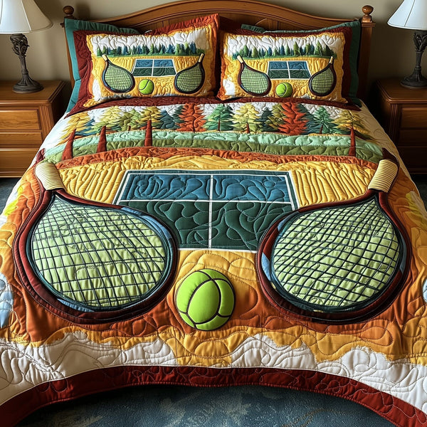 Tennis Time quilted 3-piece bedding set on a made bed with two matching pillow shams