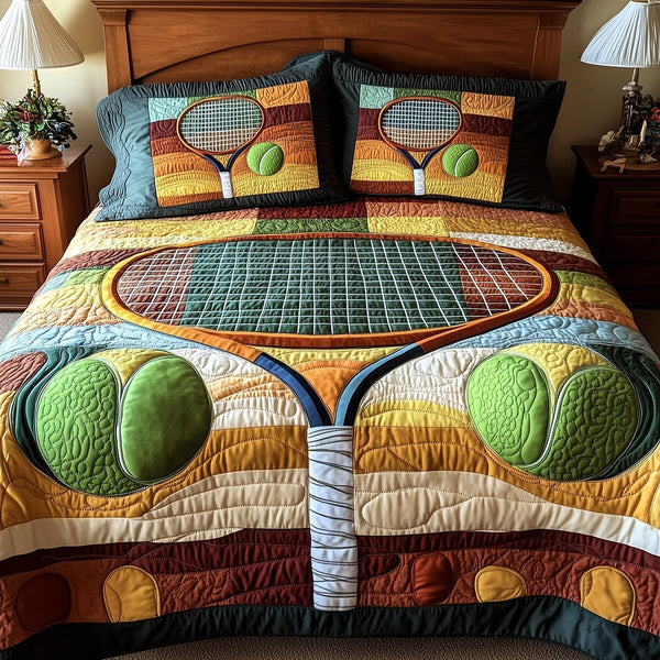 Tennis Time quilted 3-piece bedding set on a made bed with two matching pillow shams