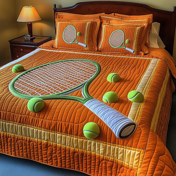 Tennis Time quilted 3-piece bedding set on a made bed with two matching pillow shams