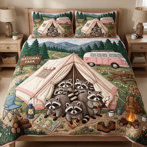 Tent Family quilted 3-piece bedding set on a made bed with two matching pillow shams
