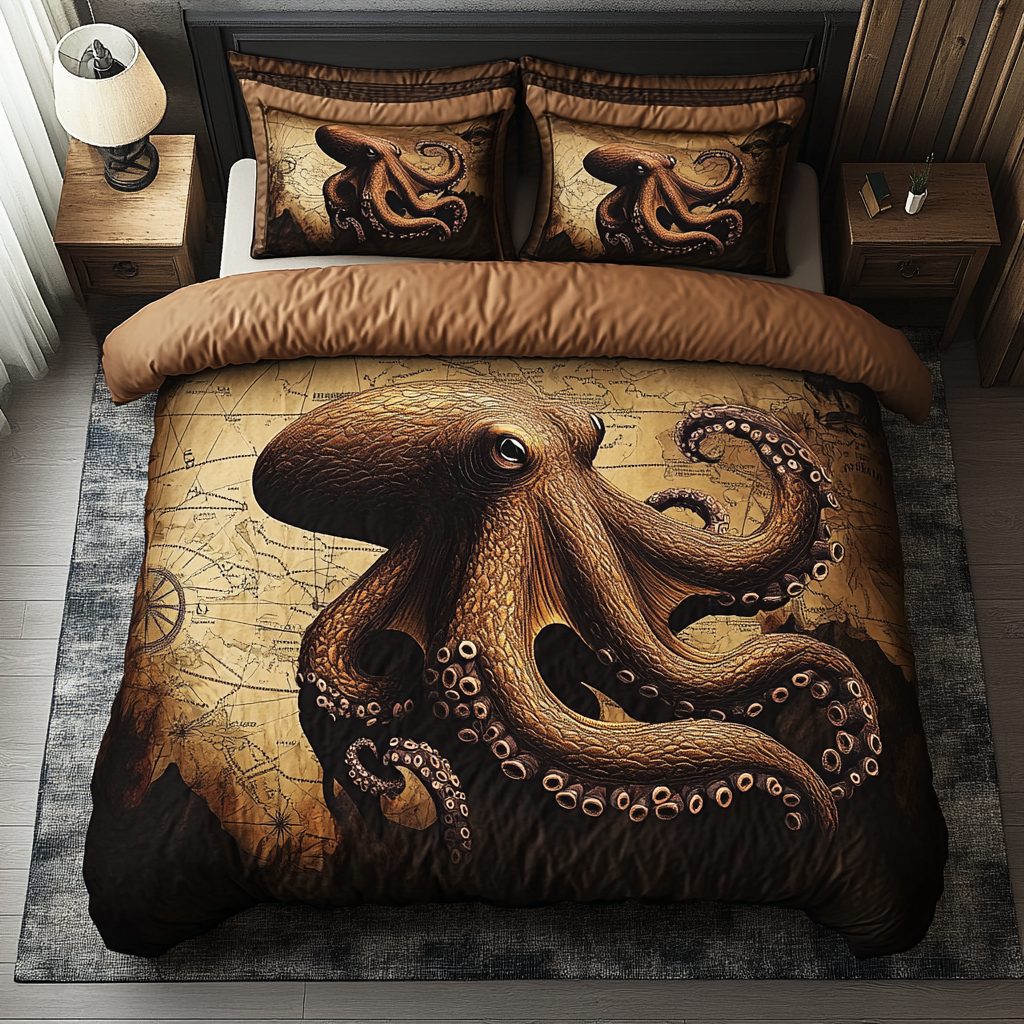 Tentacle Dream quilted 3-piece bedding set on a made bed with two matching pillow shams