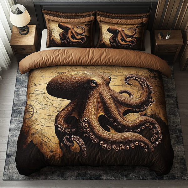 Tentacle Dream quilted 3-piece bedding set on a made bed with two matching pillow shams