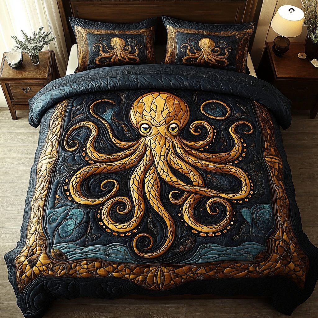 Tentacle Tales quilted 3-piece bedding set on a made bed with two matching pillow shams