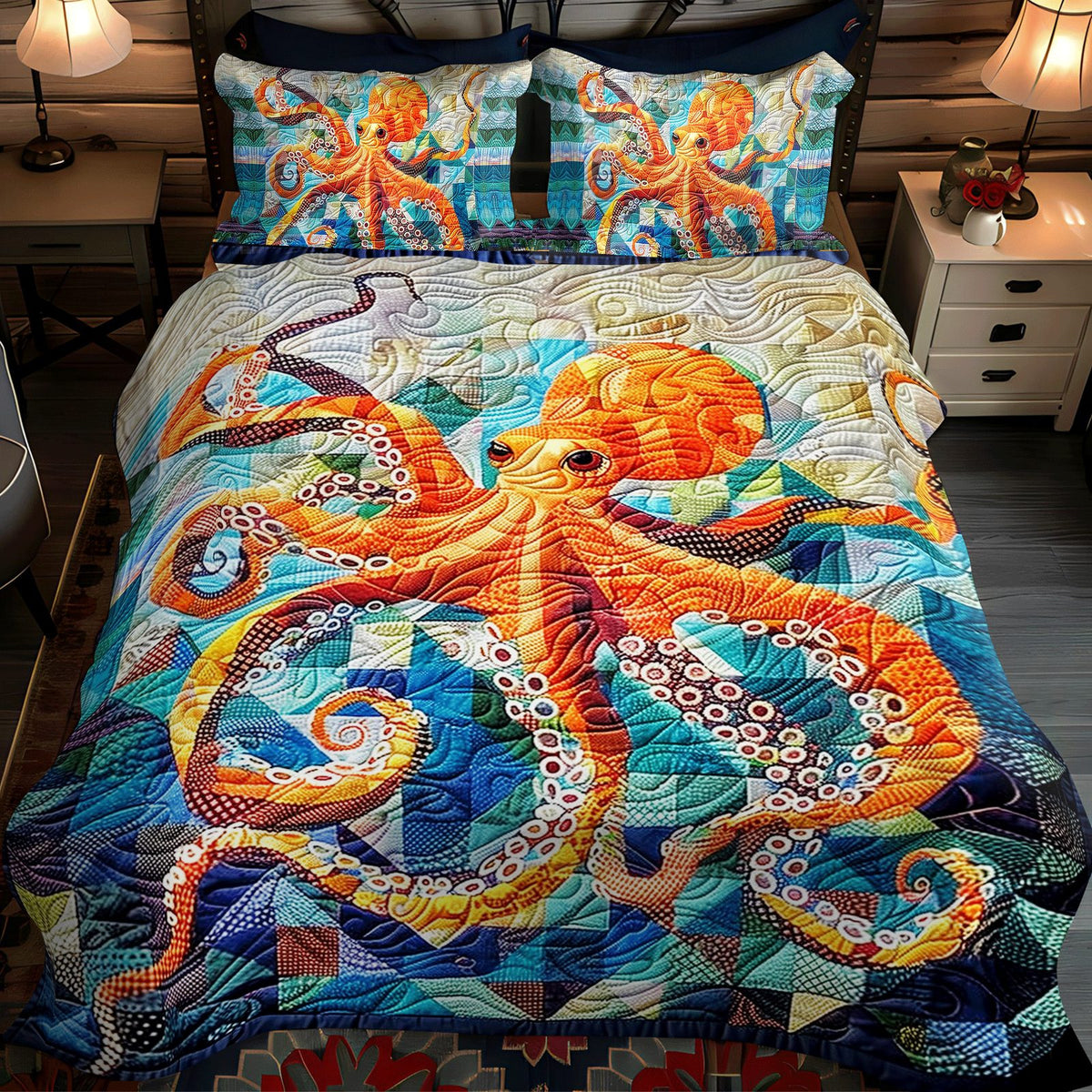 Tentacle Tango quilted 3-piece bedding set on a made bed with two matching pillow shams