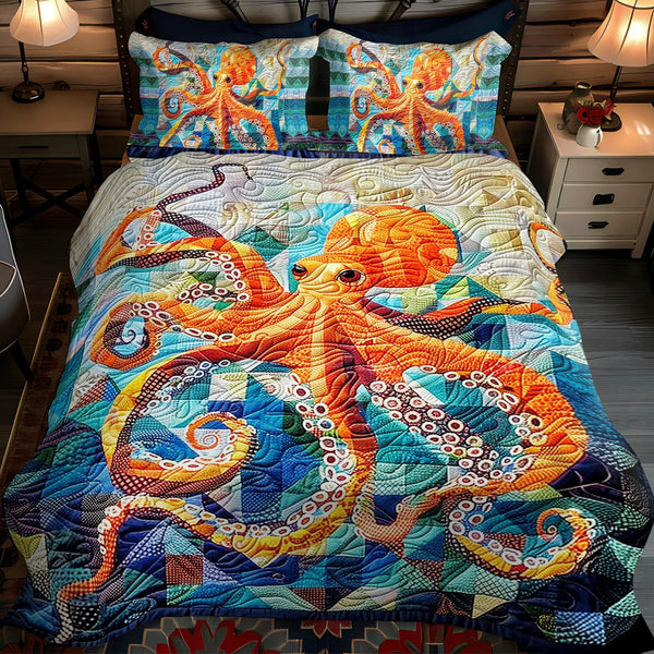 Tentacle Tango quilted 3-piece bedding set on a made bed with two matching pillow shams