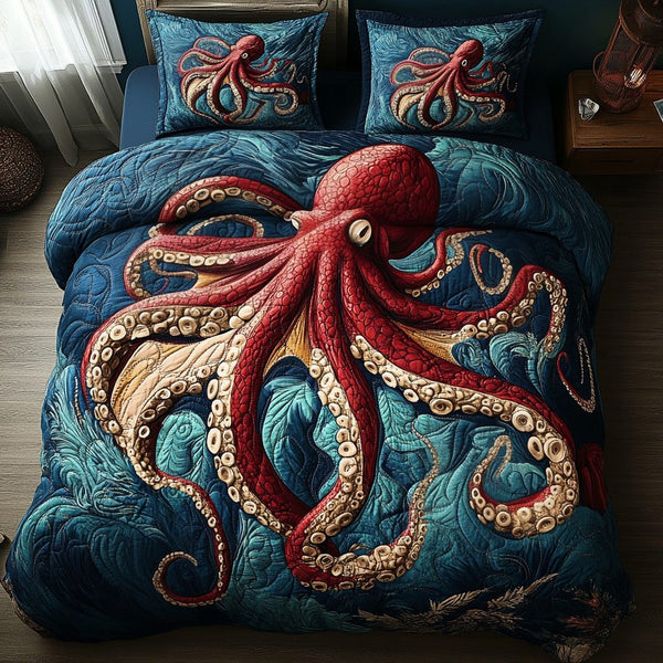 Tentacle Whispers quilted 3-piece bedding set on a made bed with two matching pillow shams