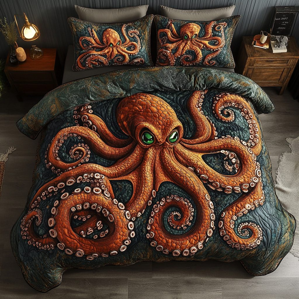 Tentacles in the Night quilted 3-piece bedding set on a made bed with two matching pillow shams