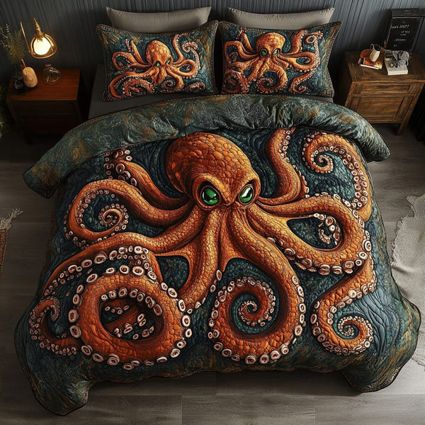 Tentacles in the Night quilted 3-piece bedding set on a made bed with two matching pillow shams