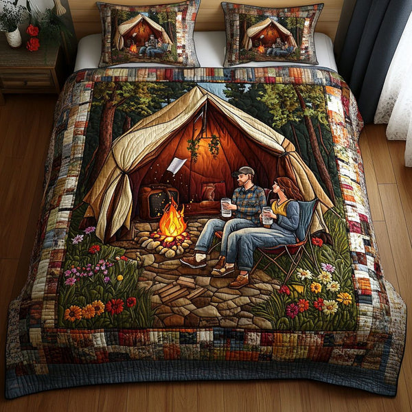 Tented Romance quilted 3-piece bedding set on a made bed with two matching pillow shams