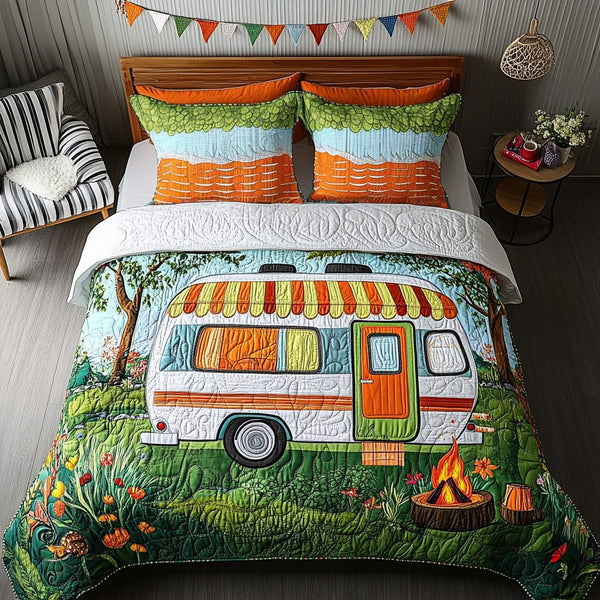 TentEscape quilted 3-piece bedding set on a made bed with two matching pillow shams