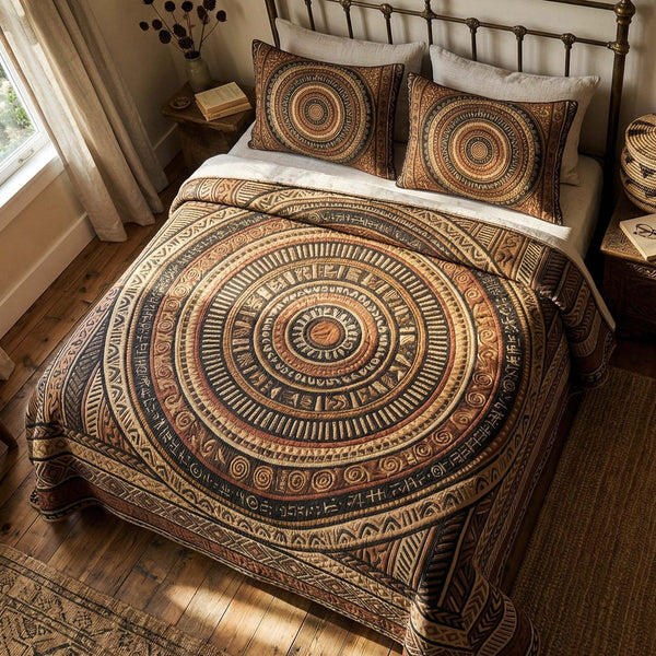 Terra Circle quilted 3-piece bedding set on a made bed with two matching pillow shams
