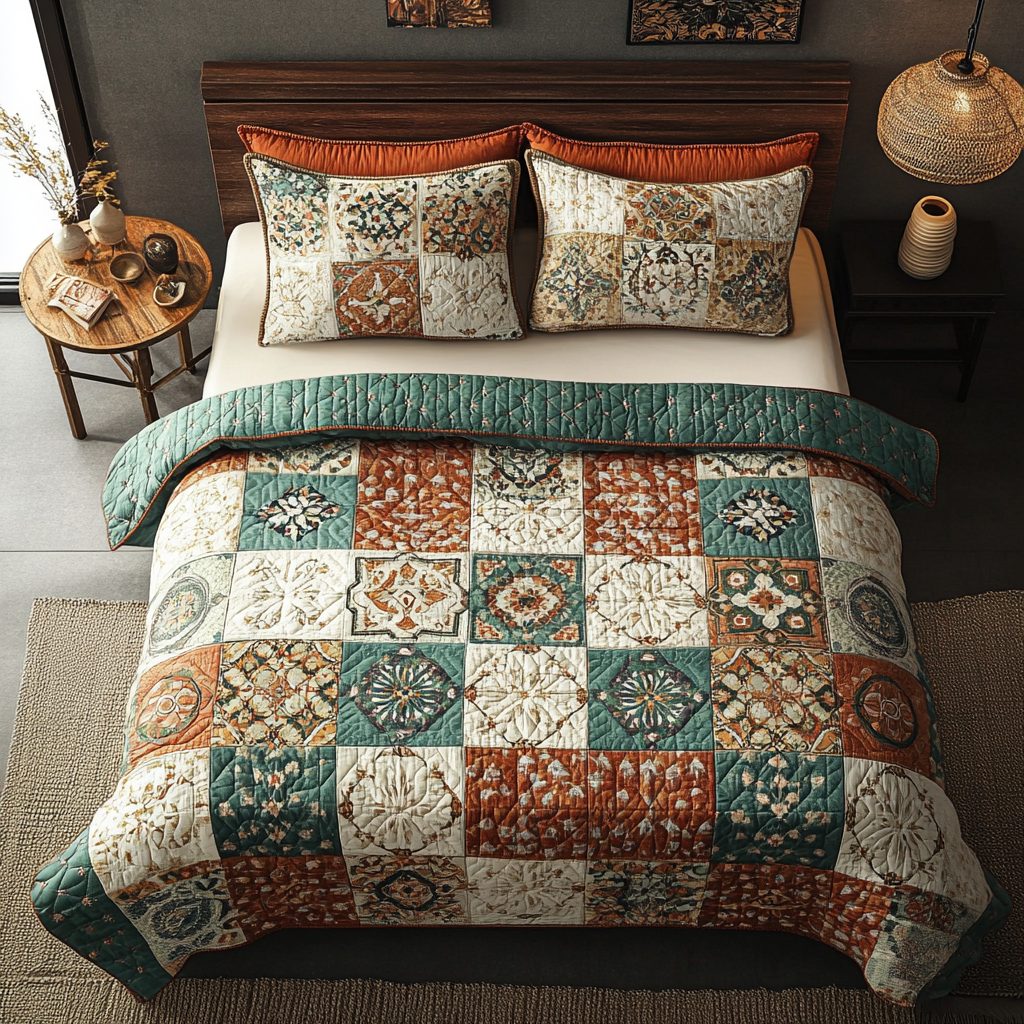 Terracotta Harmony quilted 3-piece bedding set on a made bed with two matching pillow shams