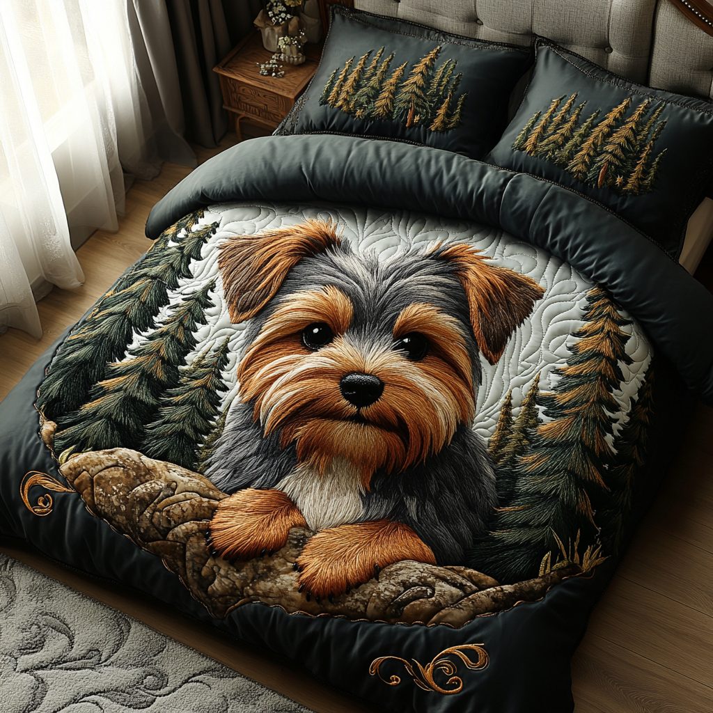 Terrier Spirit quilted 3-piece bedding set on a made bed with two matching pillow shams