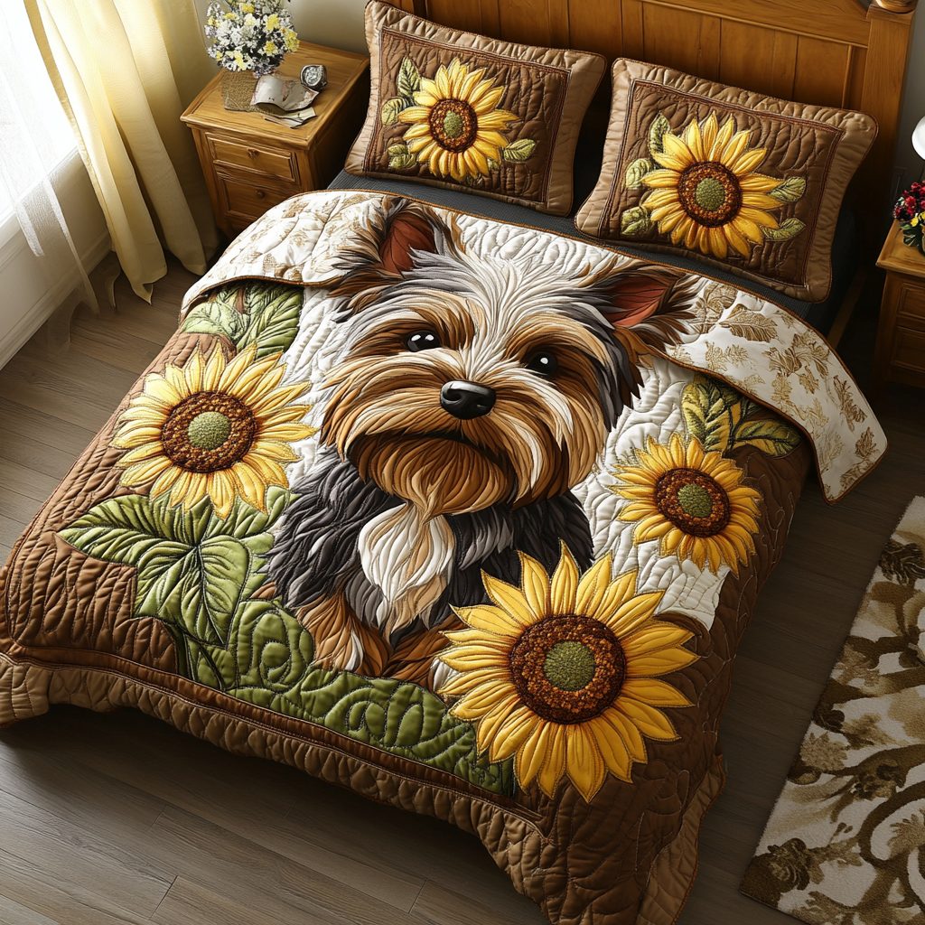 Terrier Tails quilted 3-piece bedding set on a made bed with two matching pillow shams