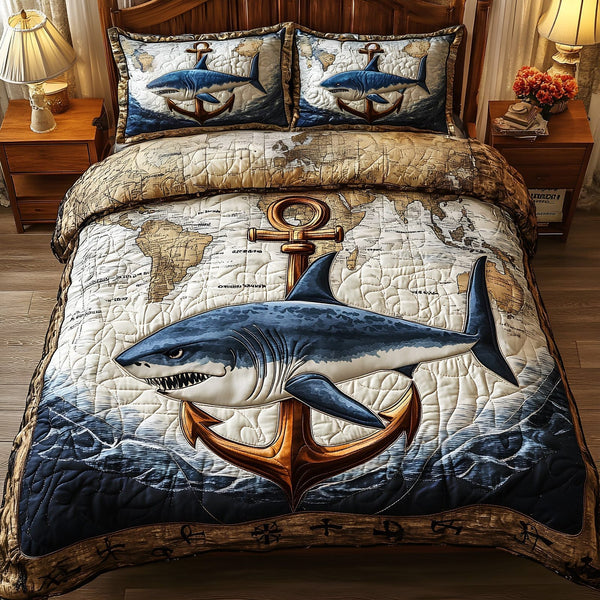 Terror of the Deep quilted 3-piece bedding set on a made bed with two matching pillow shams