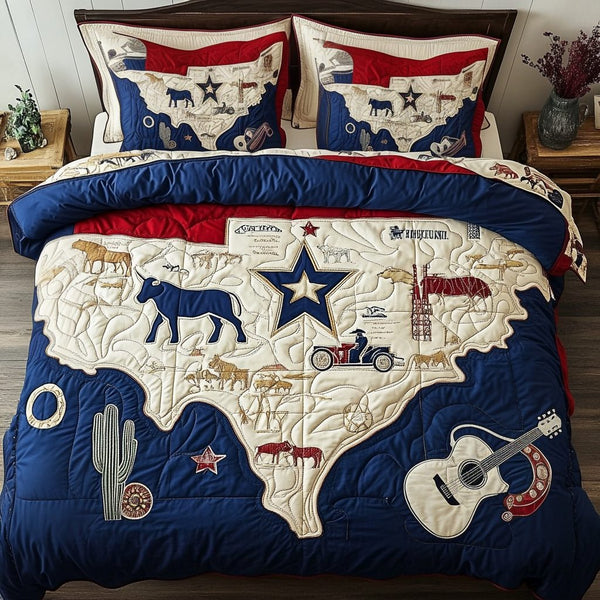 Texan Adventur quilted 3-piece bedding set on a made bed in a winter-styled bedroom