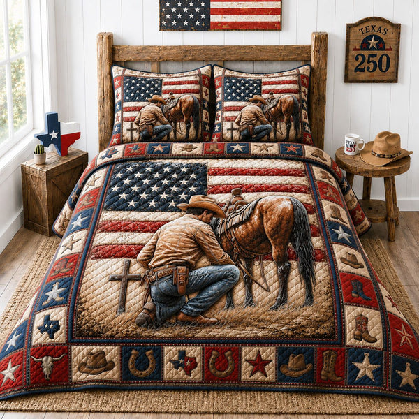 Texas 250 Cowboy Prayer quilted 3-piece bedding set on a made bed in a softly lit bedroom