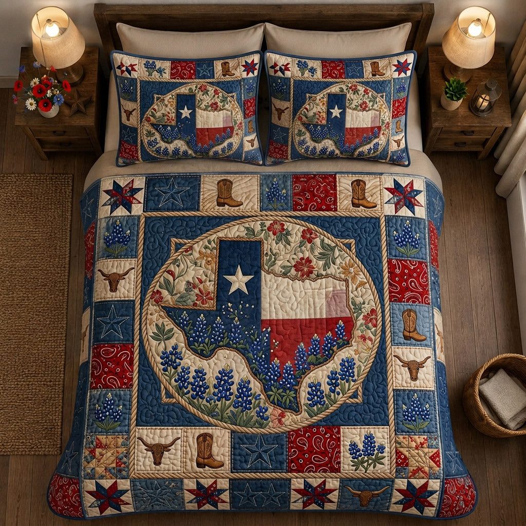 Texas Amber Glow quilted 3-piece bedding set on a made bed in a rustic timber bedroom