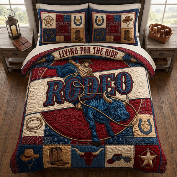 Texas Autumn Breeze quilted 3-piece bedding set on a made bed in a rustic timber bedroom